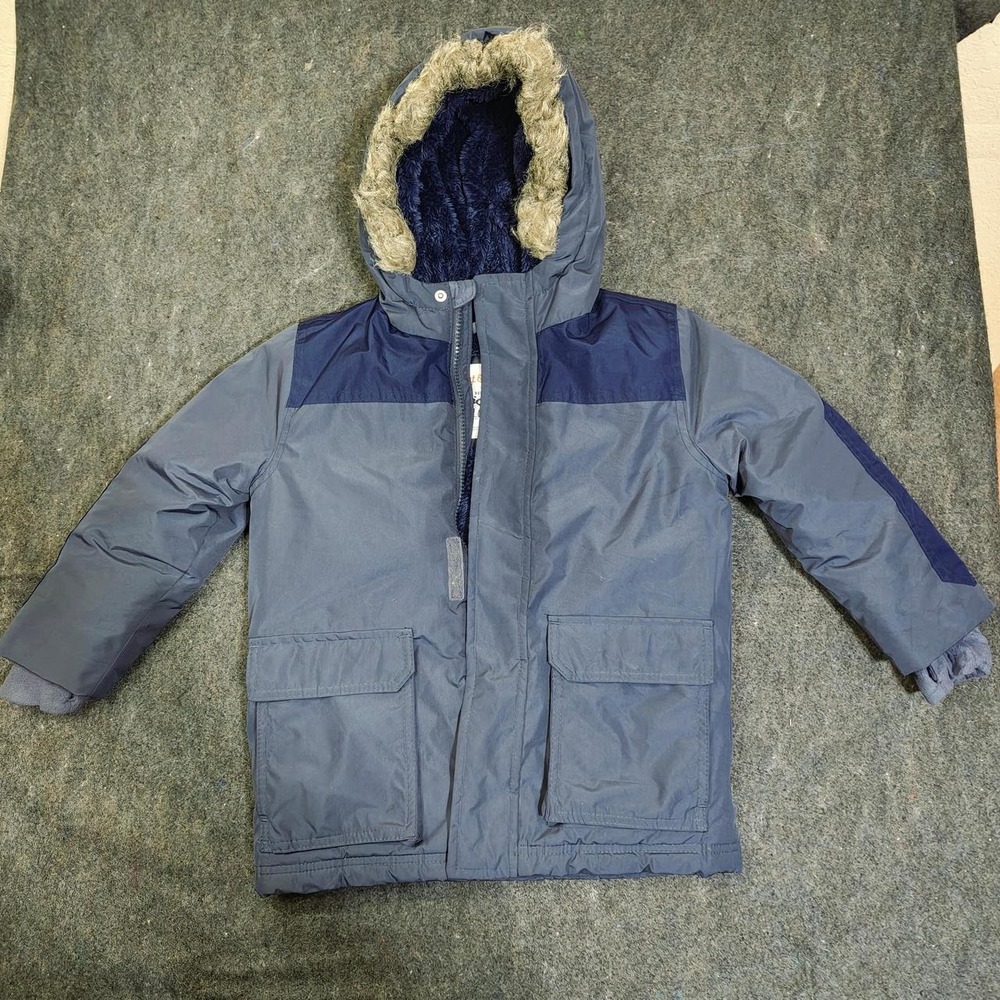 Cat & Jack Boys Navy Blue Grey Puffer Jacket Fur Hood XS 4/5